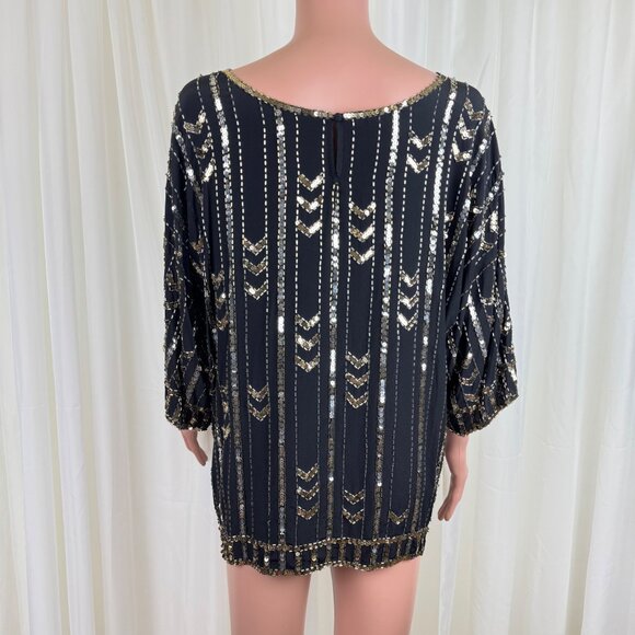 Vintage 80's Three Flaggs 100% Silk Beaded Sequins Blouse Top Sz Large Black - Picture 4 of 13